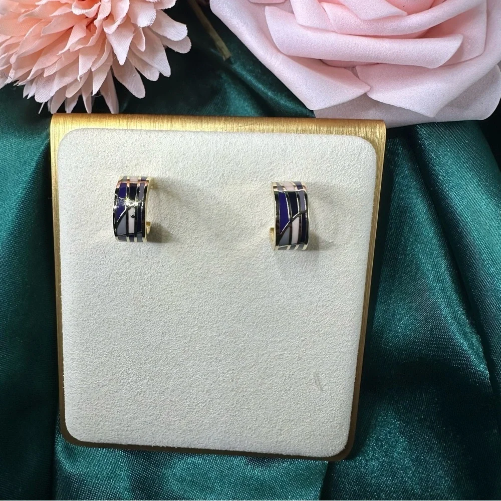 Gold-Plated Enamel Inlay Hoop Earrings • Purple & Lilac Mosaic